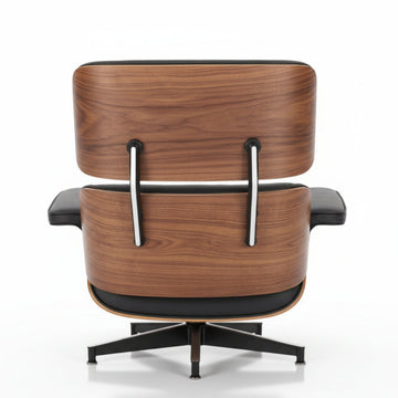 Wooden lounge chair with black leather upholstery and metal base