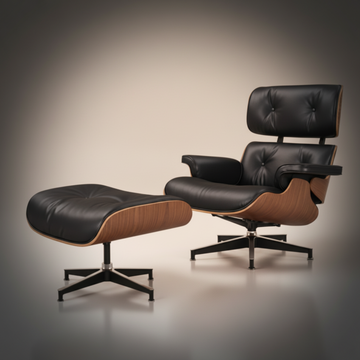 Black leather Eames-inspired lounge chair and ottoman viewed at an angle