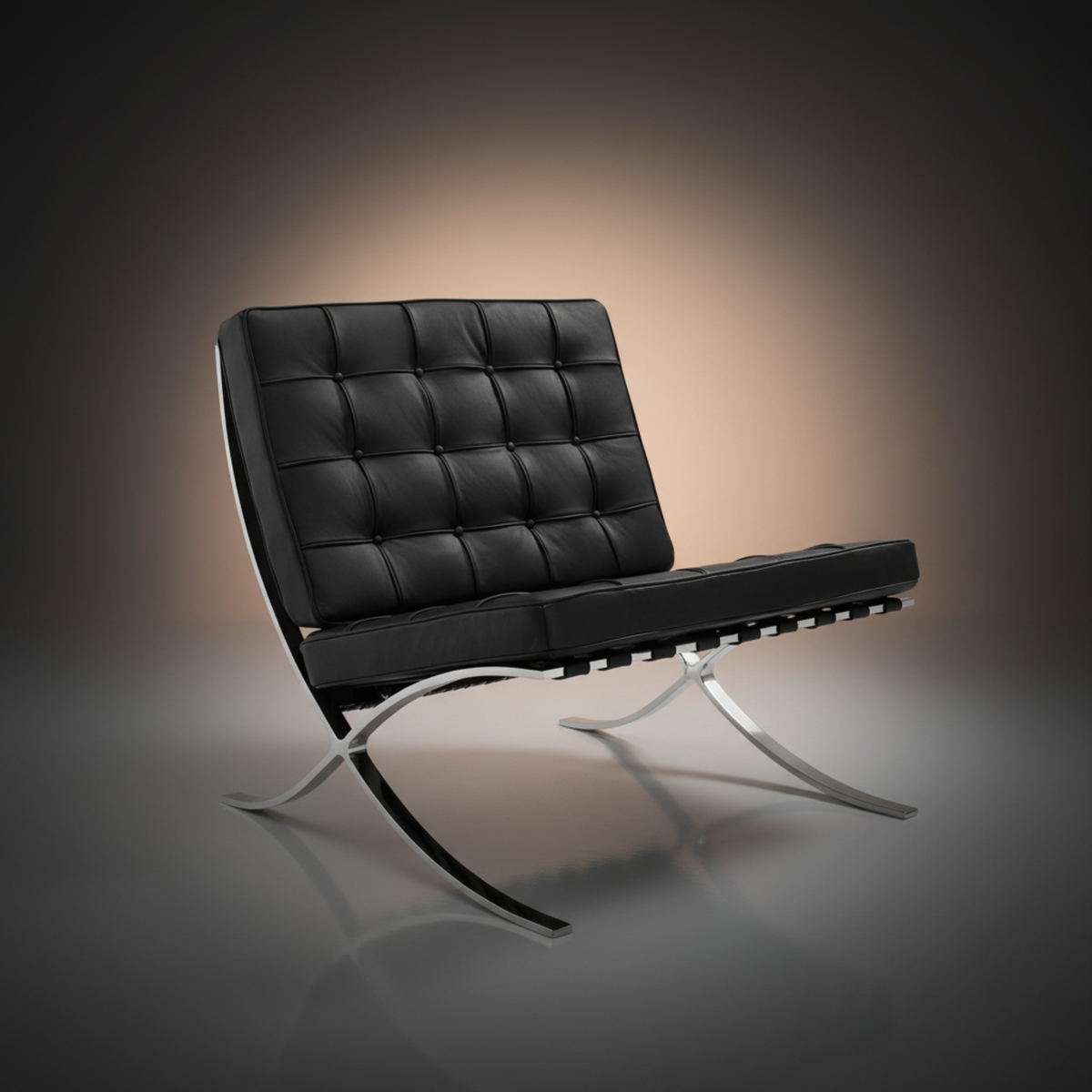 A modern black leather lounge chair with a tufted backrest and curved chrome metal legs