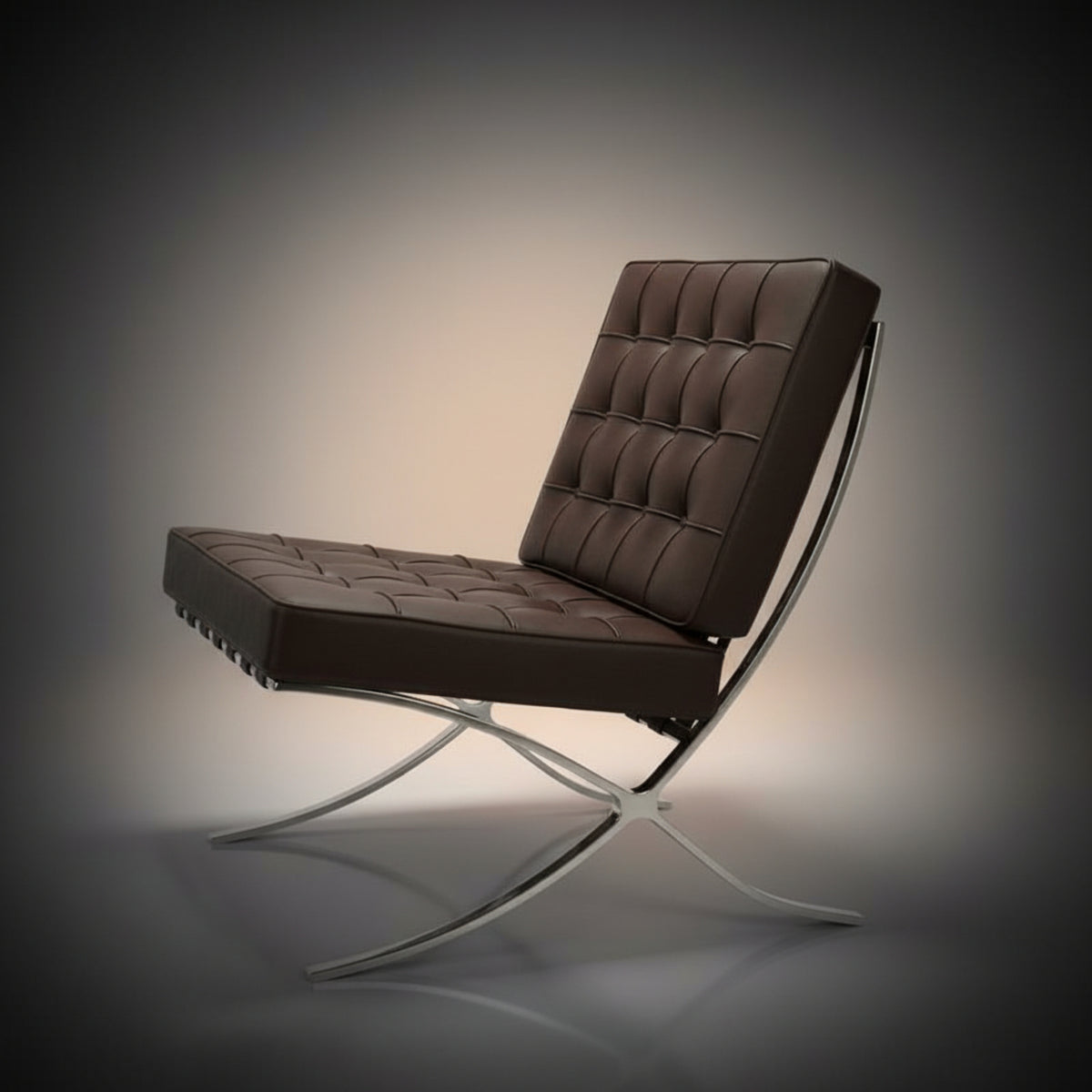 A modern brown leather lounge chair with a tufted backrest and seat, supported by a curved chrome metal base
