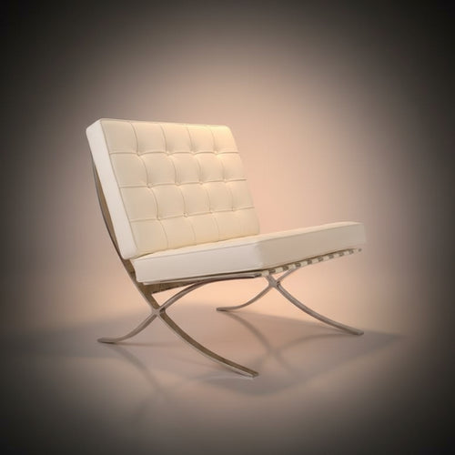 A modern Barcelona-style accent chair with cream tufted leather upholstery and a curved chrome metal base