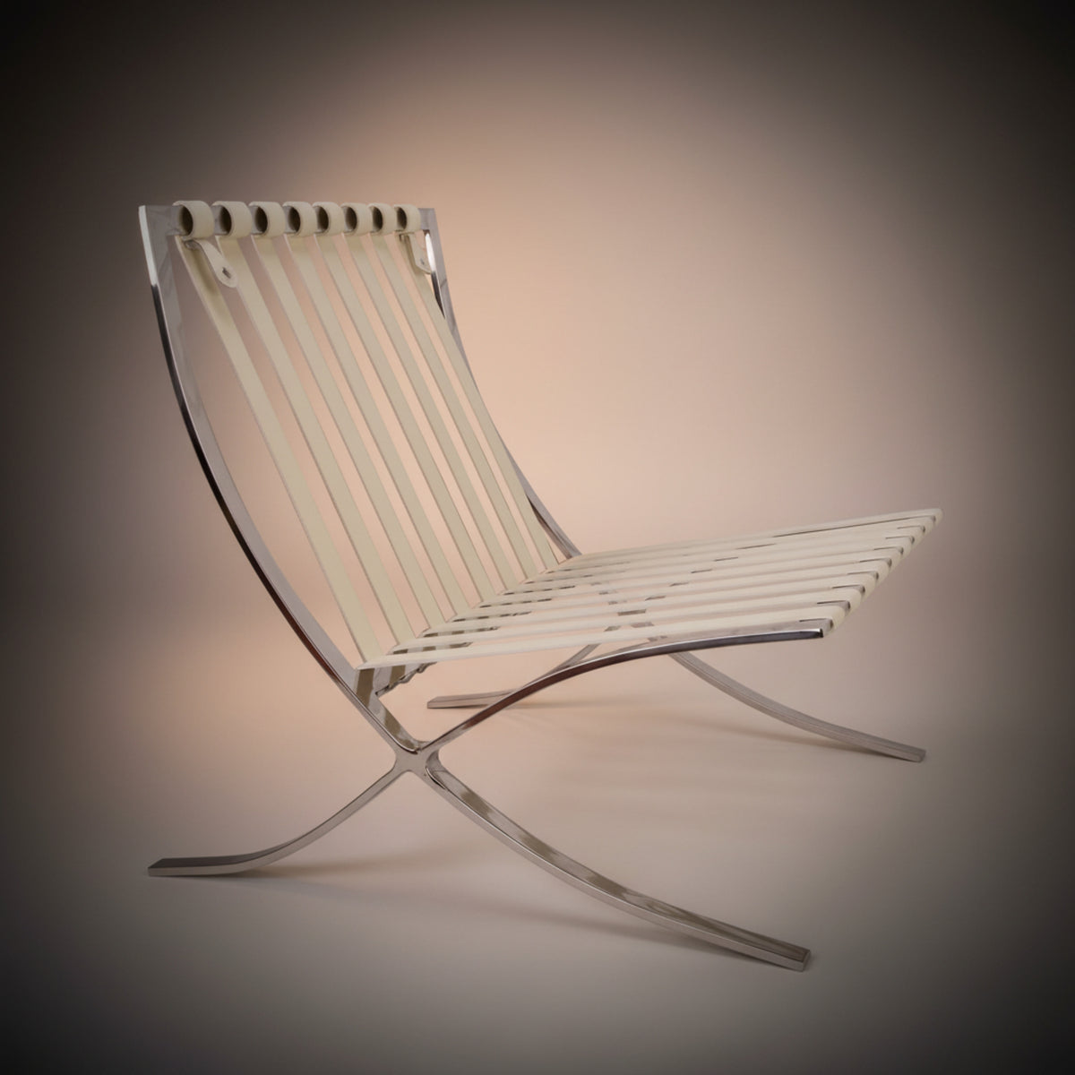 A modern curved lounge chair with a white slatted seat and backrest supported by a chrome metal frame