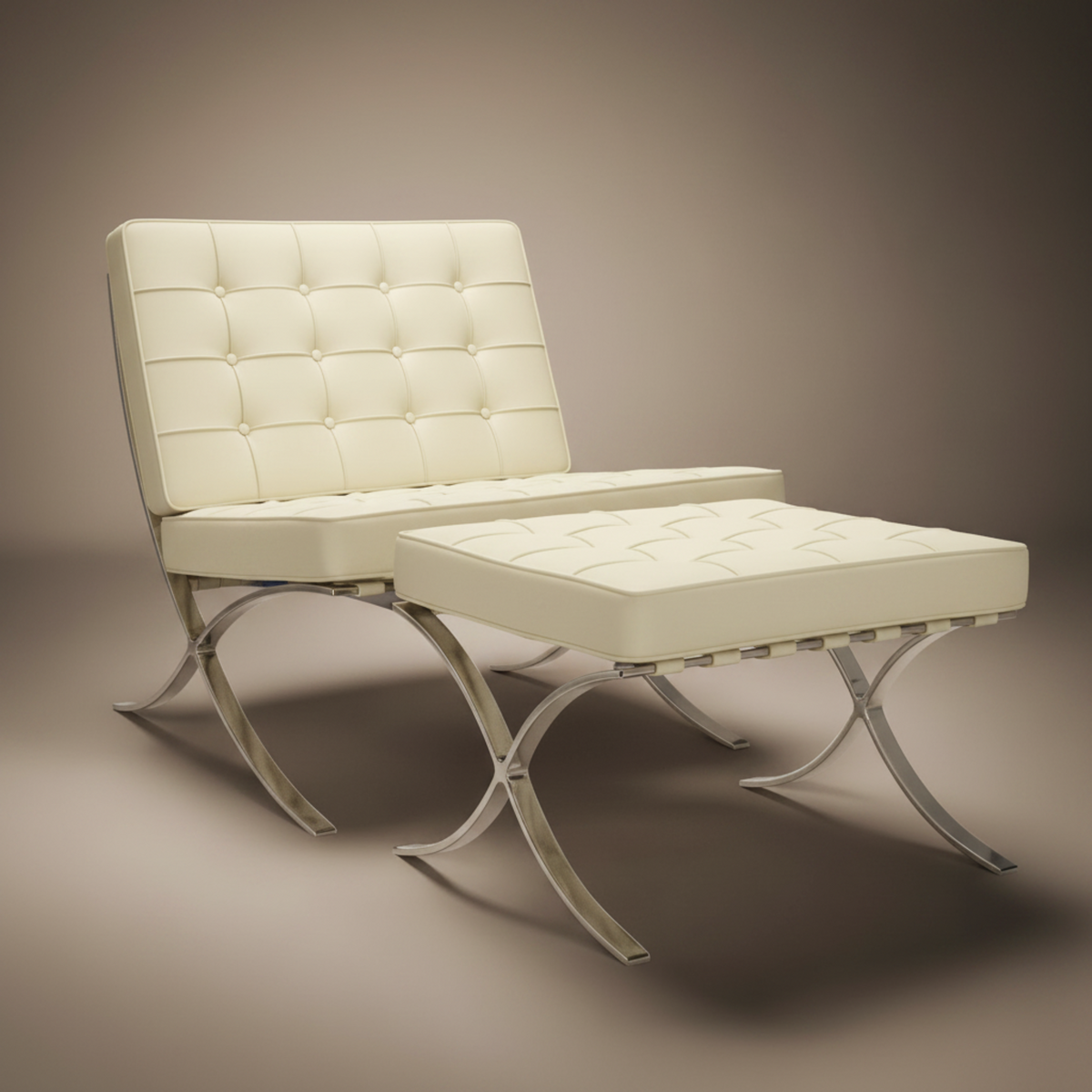 A modern tufted lounge chair with a matching ottoman in warm off-white leather, supported by curved silver metal legs