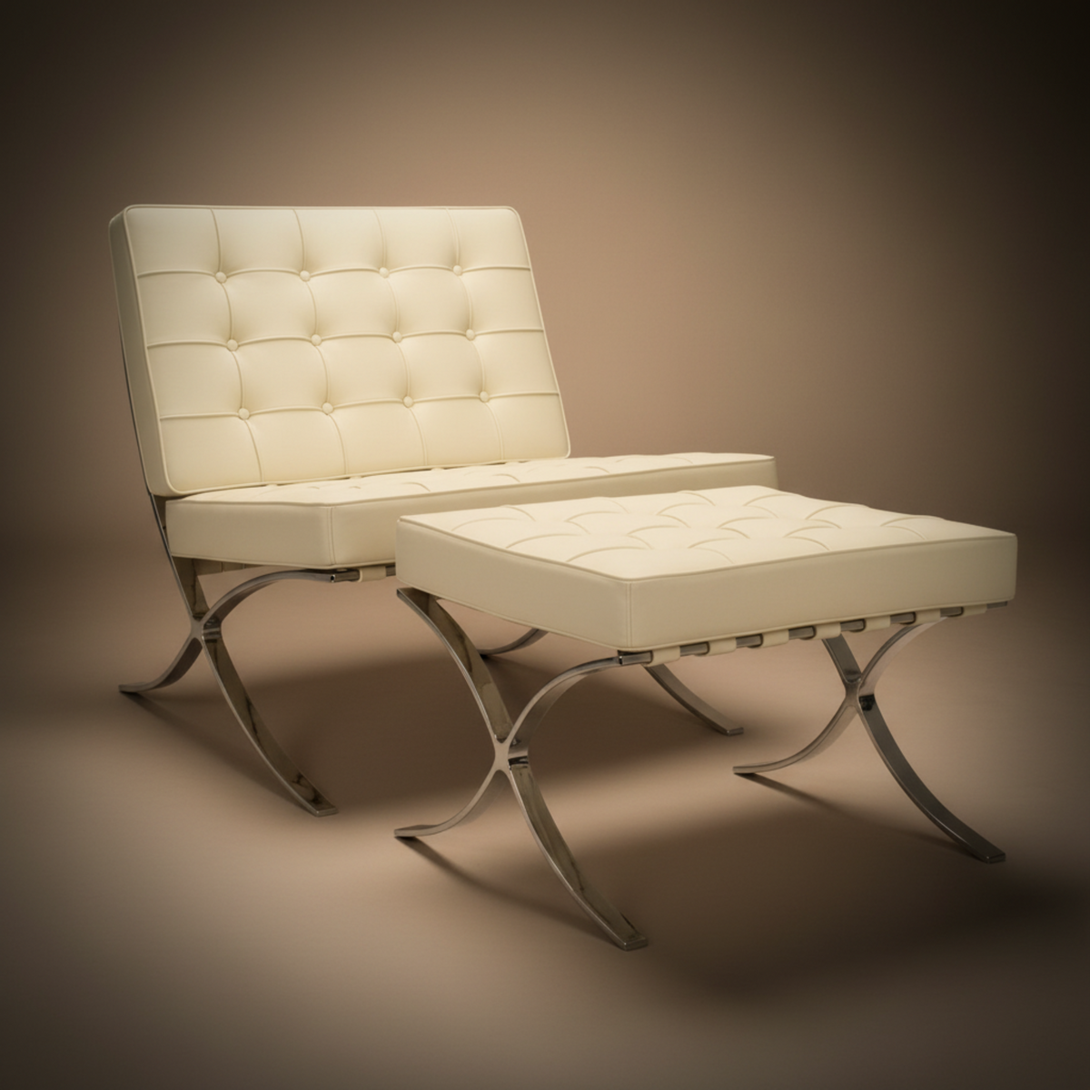 A modern tufted lounge chair with a matching ottoman, upholstered in warm off-white leather and supported by chrome X-frame legs