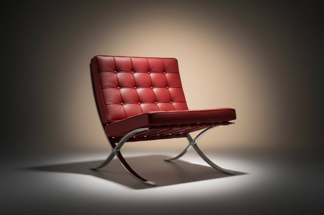 A modern tufted red lounge chair with a matching ottoman and curved metallic chrome legs