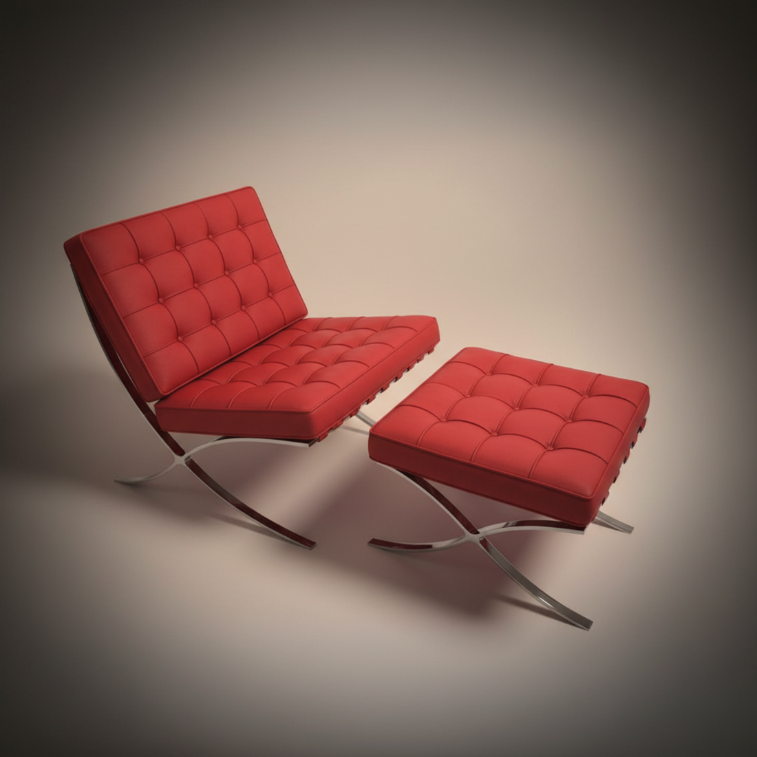 A modern tufted red lounge chair with a matching ottoman and curved metallic chrome legs