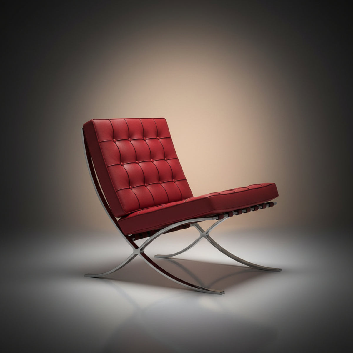 A modern red tufted leather lounge chair with a curved chrome metal base