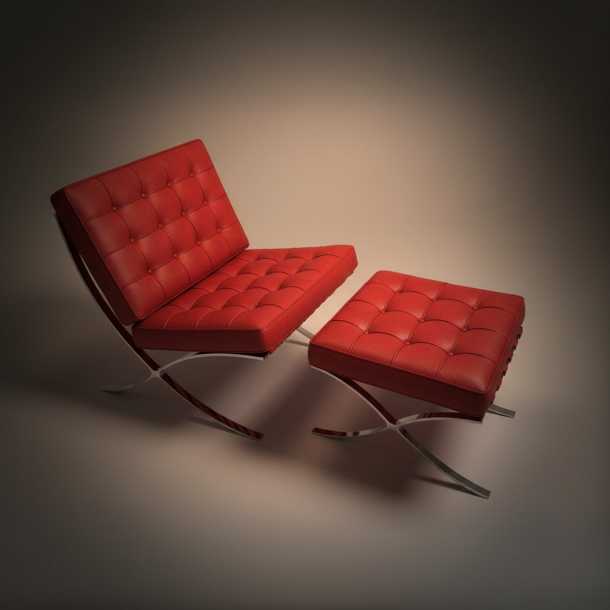 A modern red tufted leather chair and matching ottoman with chrome X-shaped metal bases