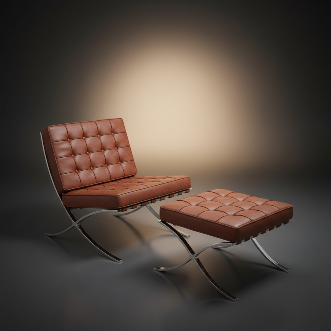 A modern tufted leather chair with a matching ottoman, both in a warm brown color, set on chrome S-curve metal legs 