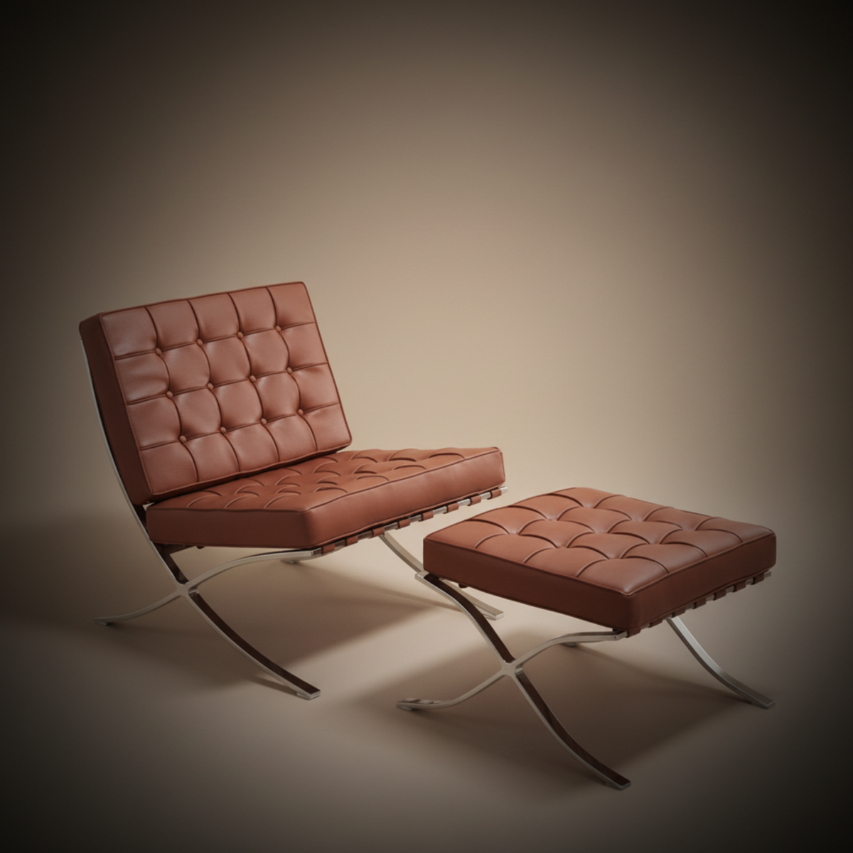 A modern tufted leather armchair with a matching ottoman, both in a warm brown color, set against a dark brown vignette studio background.