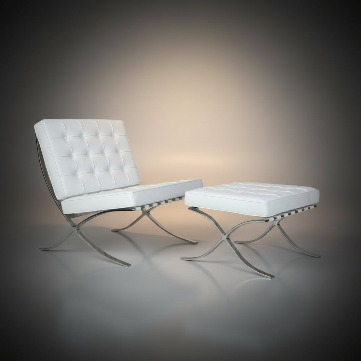 A modern white tufted leather chair with a matching ottoman, both supported by chrome S-shaped metal legs