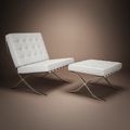 A modern white tufted leather armchair with a matching ottoman, both supported by chrome X-shaped metal legs.