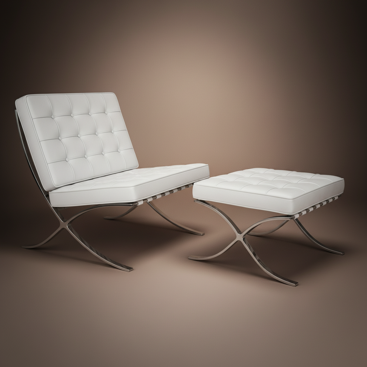 A modern white tufted leather armchair with a matching ottoman, both supported by chrome X-shaped metal legs.