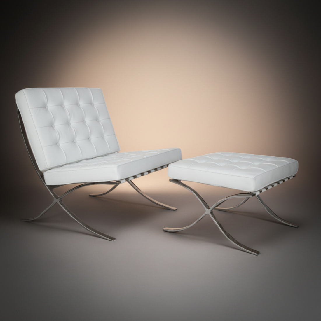 A modern white tufted lounge chair with a matching ottoman, both featuring curved silver metal legs.