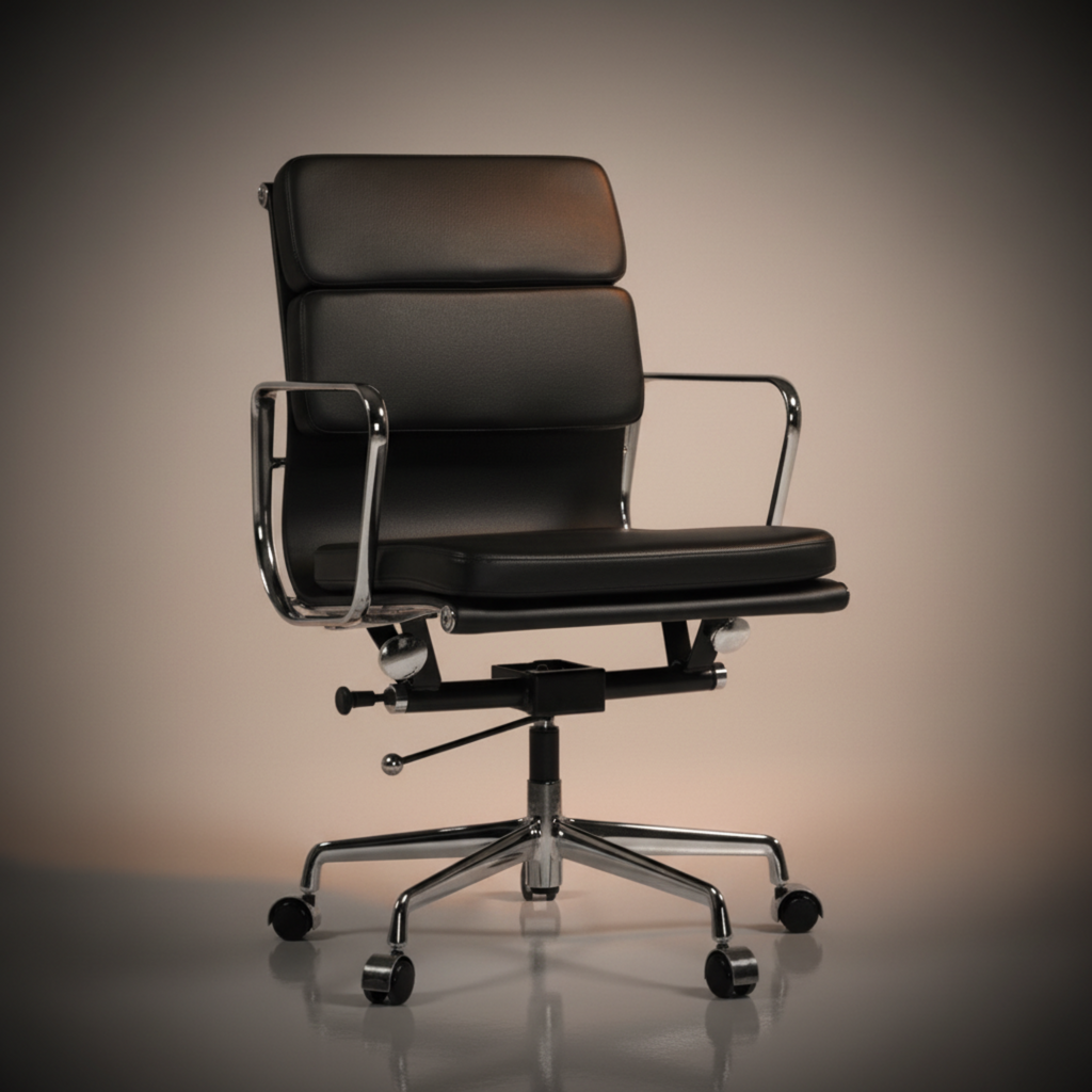 A modern black leather office chair with chrome metal armrests, a five-star wheeled base
