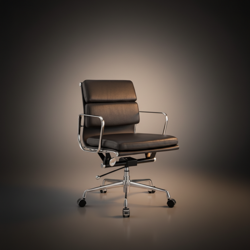 A modern office chair with dark brown leather upholstery and a polished chrome metal frame