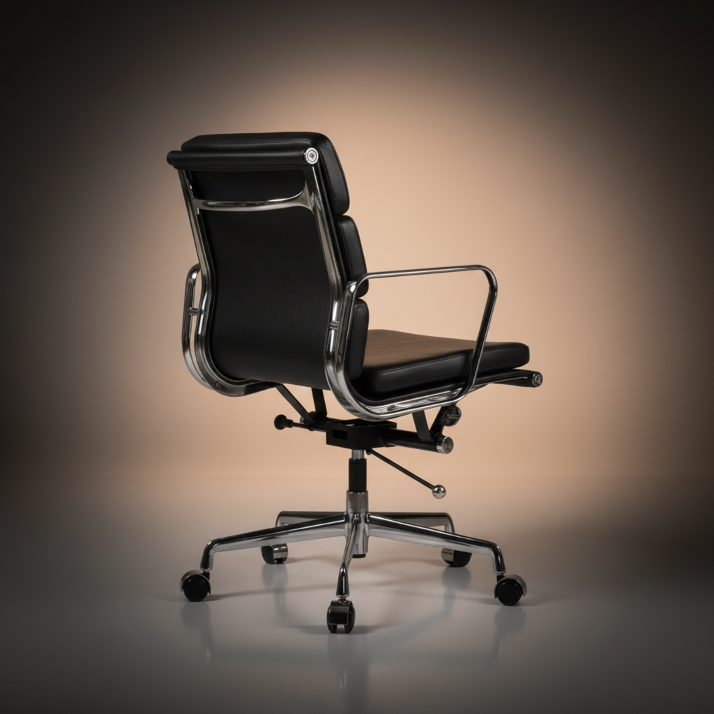A modern office chair with black leather upholstery and a polished chrome five-star base