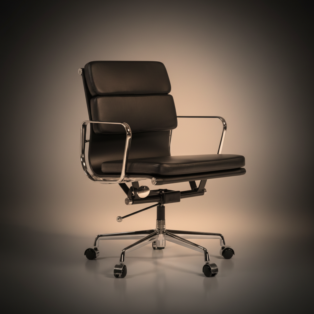 A modern black leather office chair with chrome metal armrests and a five-star wheeled base