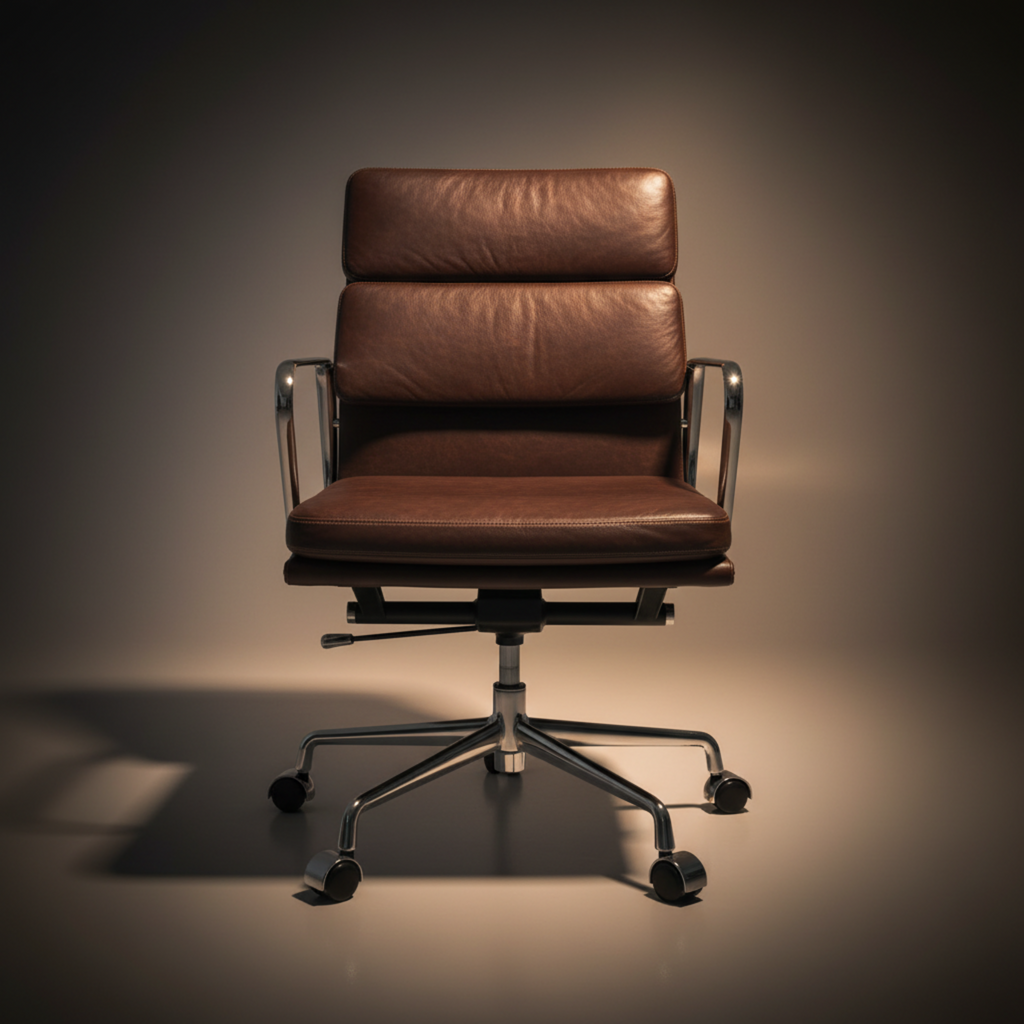 A brown leather office chair with a high back, curved armrests, and a chrome five-star base with casters