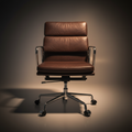 A brown leather office chair with a high back, curved armrests, and a chrome five-star base with casters