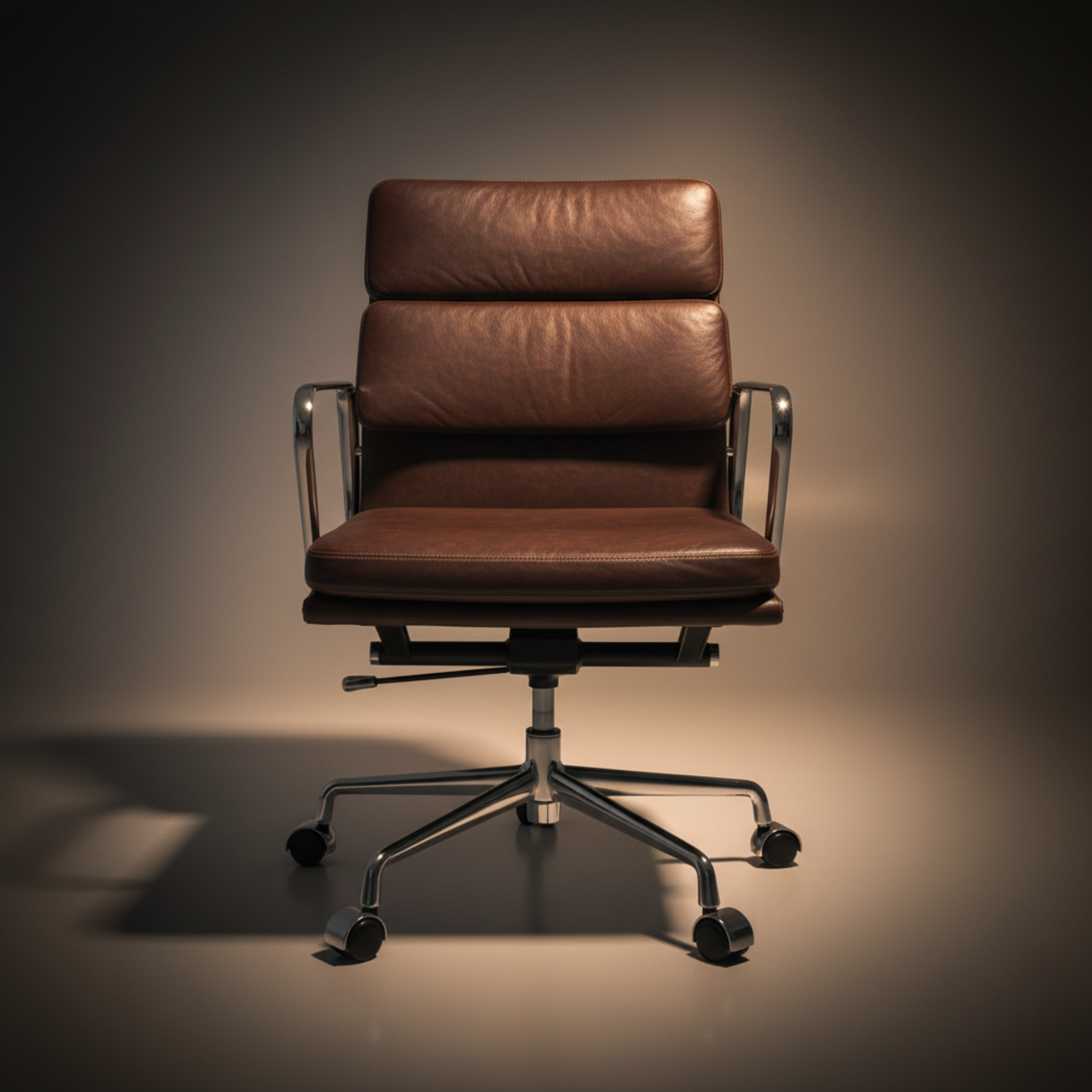 A brown leather office chair with a high back, curved armrests, and a chrome five-star base with casters
