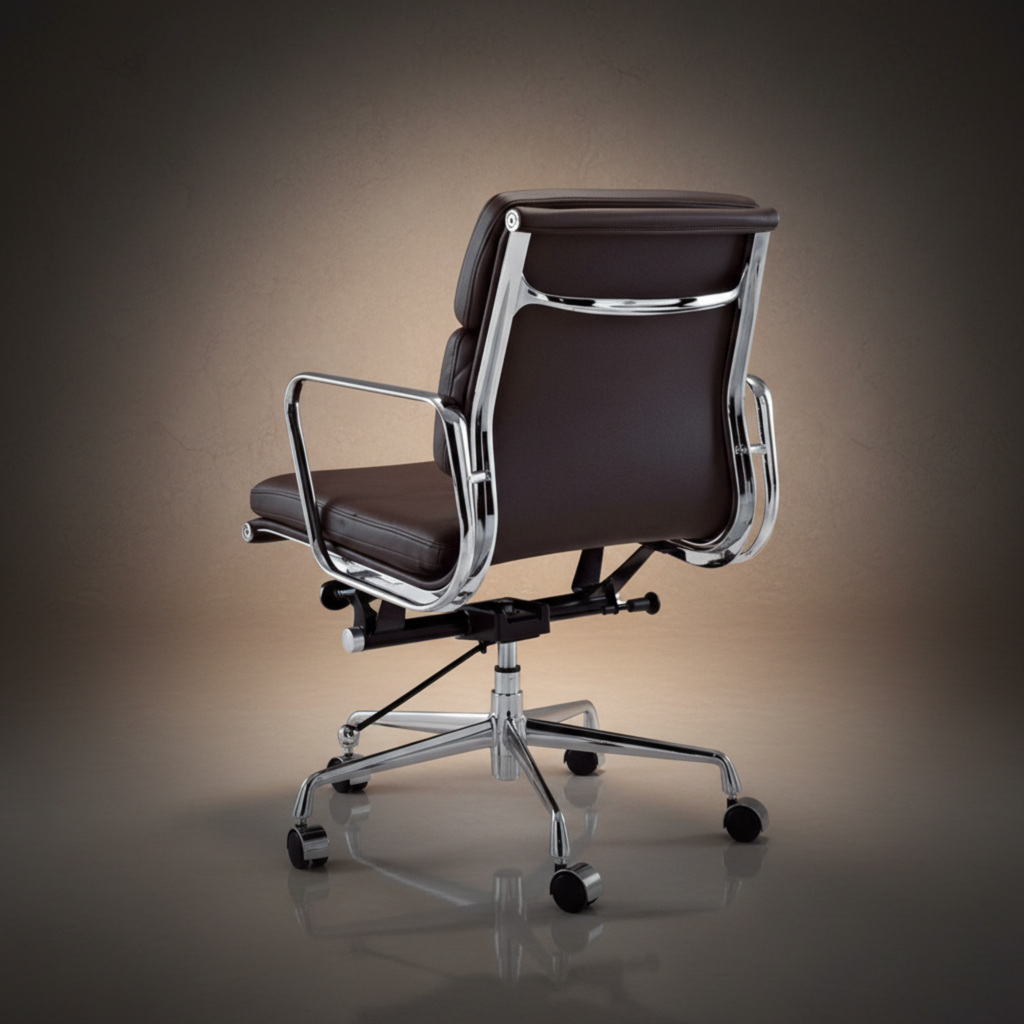 A modern office chair with dark brown leather upholstery and a polished chrome metal frame and base