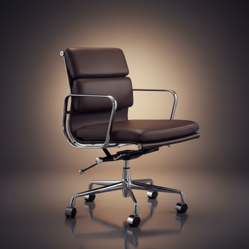 A modern office chair with dark brown leather upholstery and a polished chrome metal frame