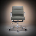 A modern office chair with a gray upholstered seat and backrest, supported by a chrome five-star base