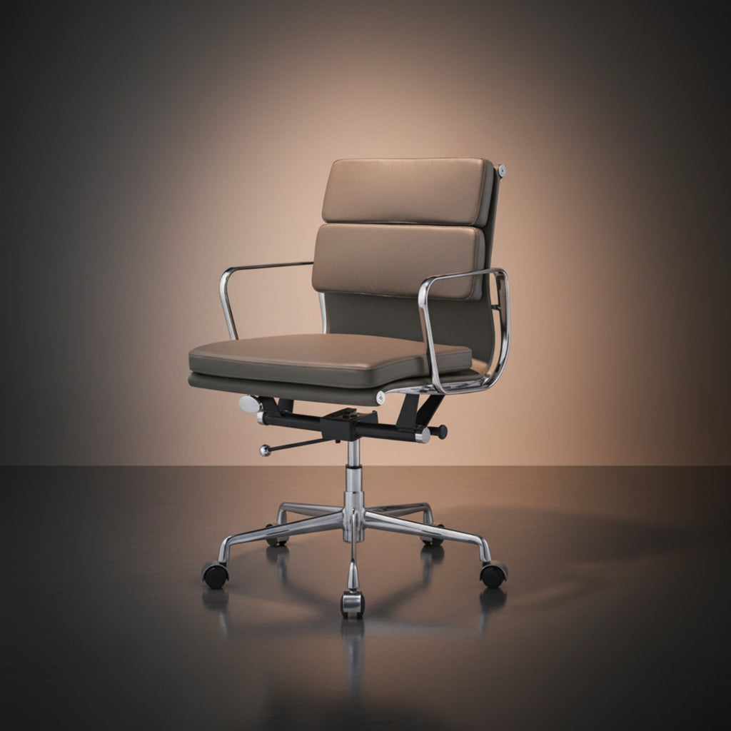 A modern office chair with a padded taupe seat and backrest, supported by a chrome five-star base with casters