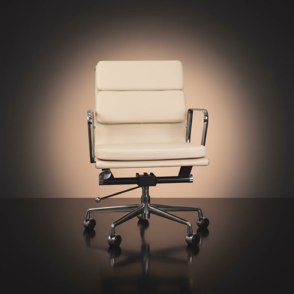 An off-white leather office chair with a high segmented backrest and chrome armrests Eames_Insired_Soft_Pad_Ea217_Soft_Pad_Ivory_White_1