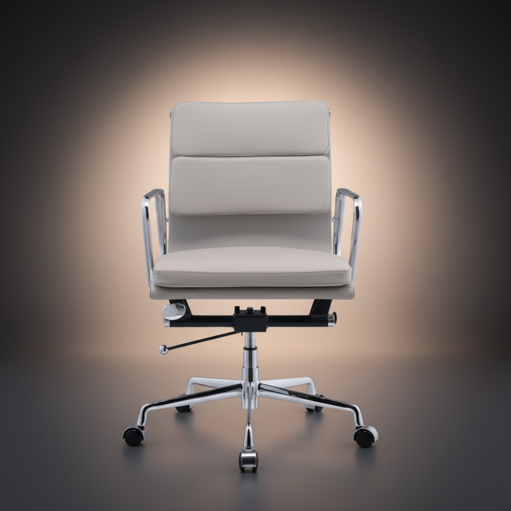 A modern office chair with a light beige upholstered seat and backrest, chrome metal armrests and base