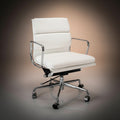 A modern white leather office chair with a chrome five-star base and casters