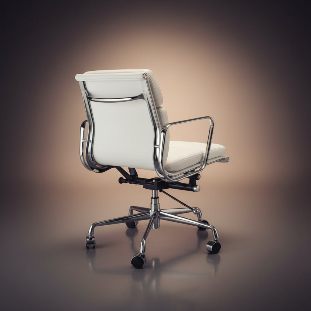 A modern white leather office chair with a chrome metal frame and five-wheel casters