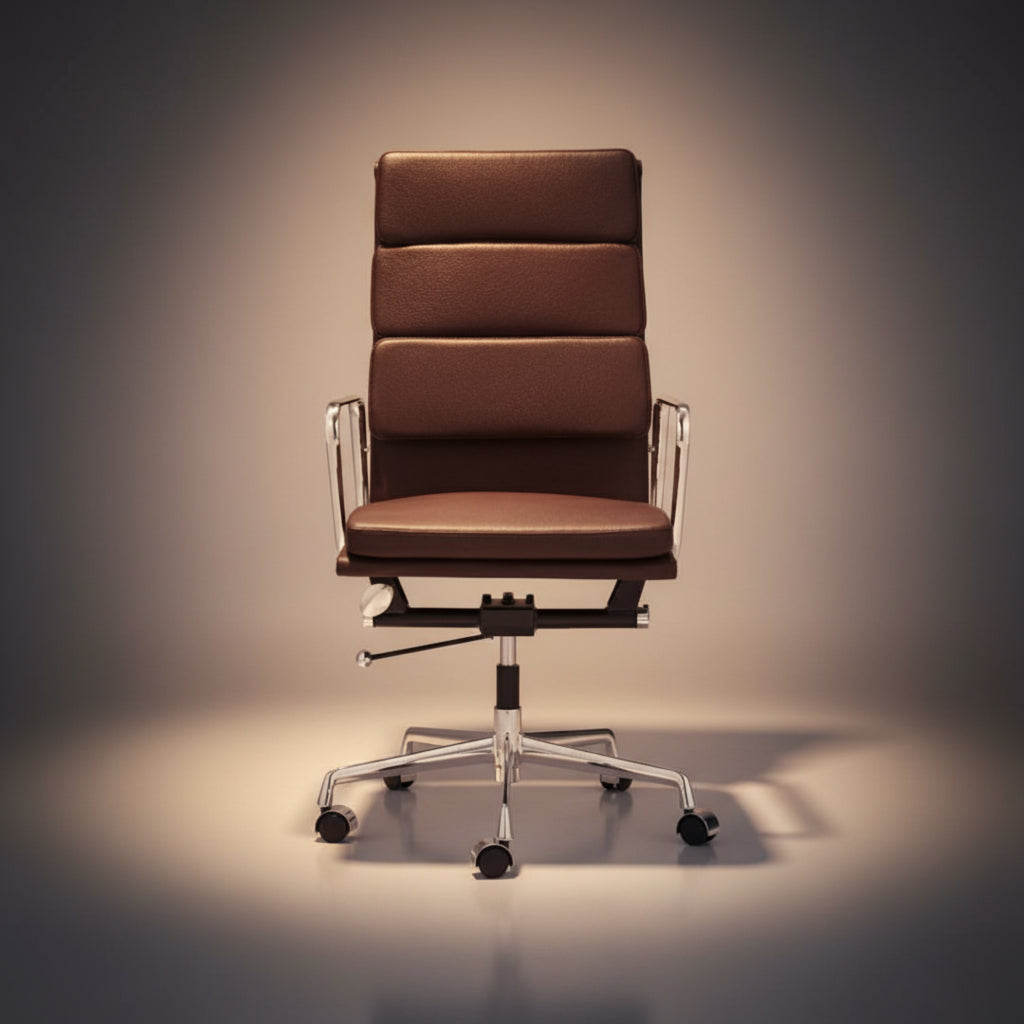 A modern high-back office chair with brown padded upholstery and a chrome five-star base, photographed against a dark gradient studio background.
