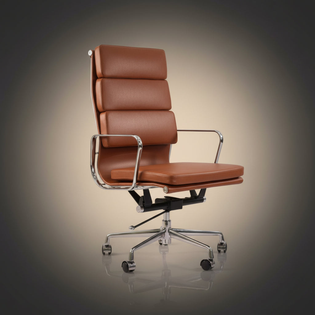 A modern high-back office chair with brown leather upholstery and a chrome-finished metal frame and five-wheel base