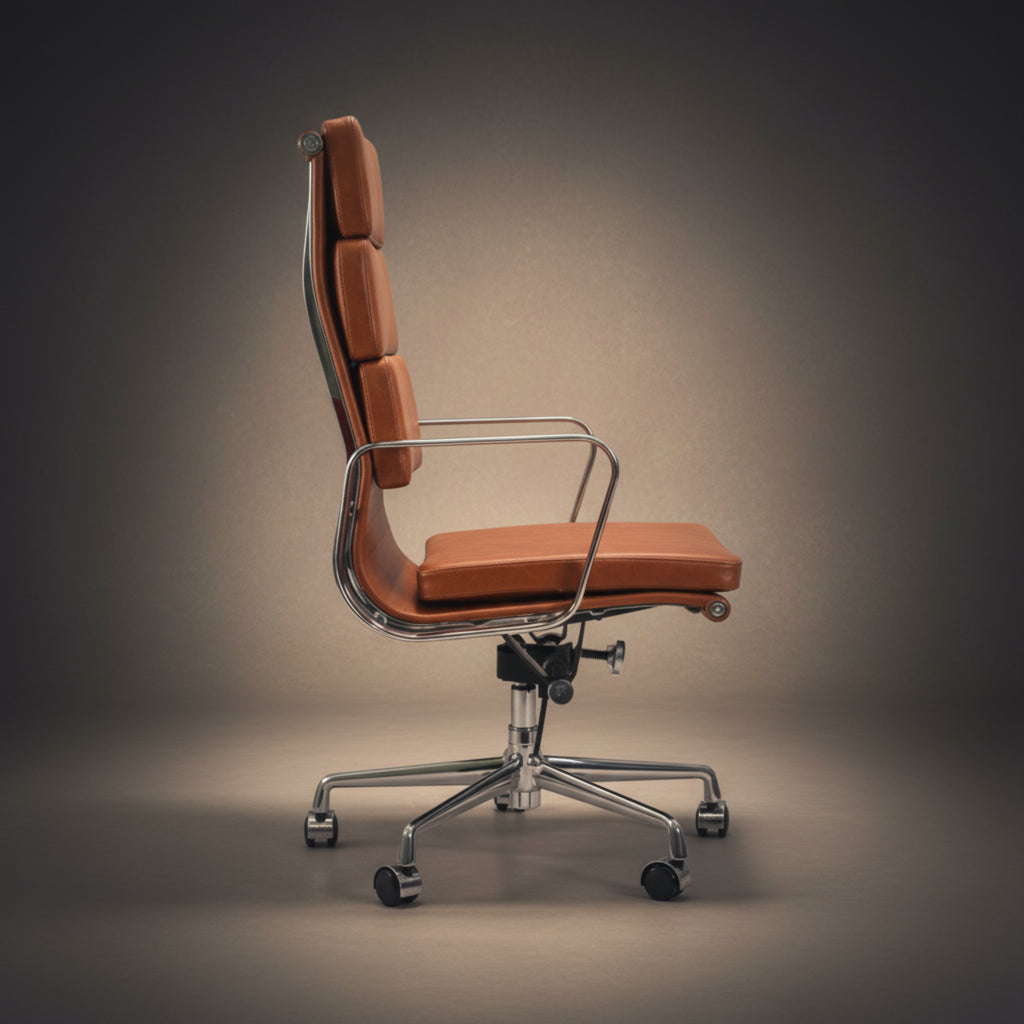 A modern high-back office chair with orange-brown leather upholstery and a chrome five-star base, shown against a dark gray studio background.