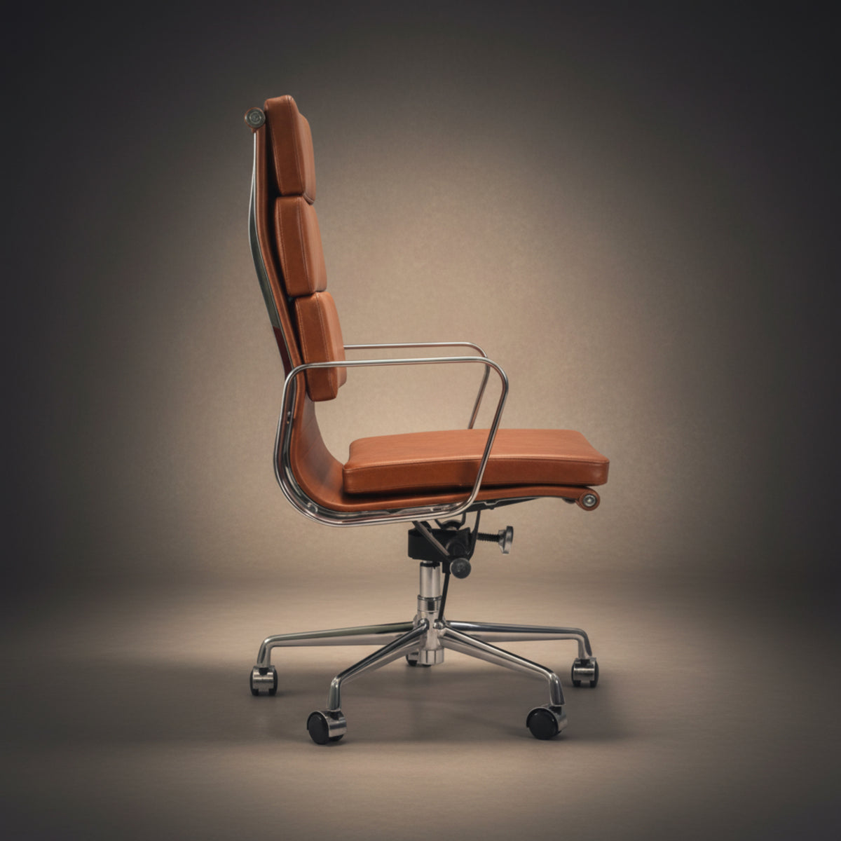 A modern high-back office chair with orange-brown leather upholstery and a chrome five-star base, shown against a dark gray studio background.