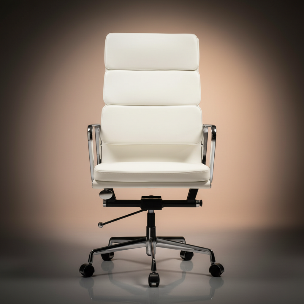 A modern high-back office chair upholstered in white leather, featuring a segmented backrest, chrome metal armrests