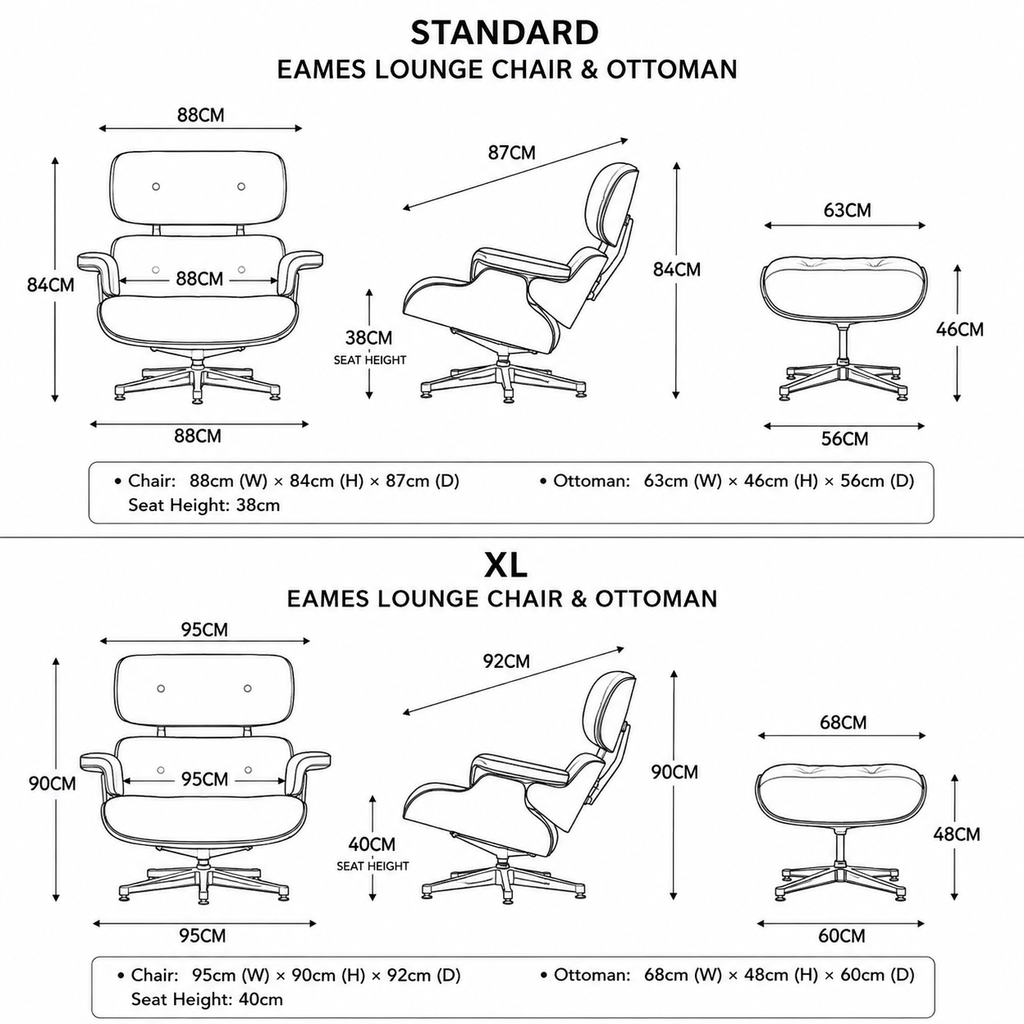 A black and white dimension diagram showing the measurements for the Eames Lounge Chair and Ottoman in Standard and XL sizes, including front, side, and back views with labeled dimensions in centimeters.