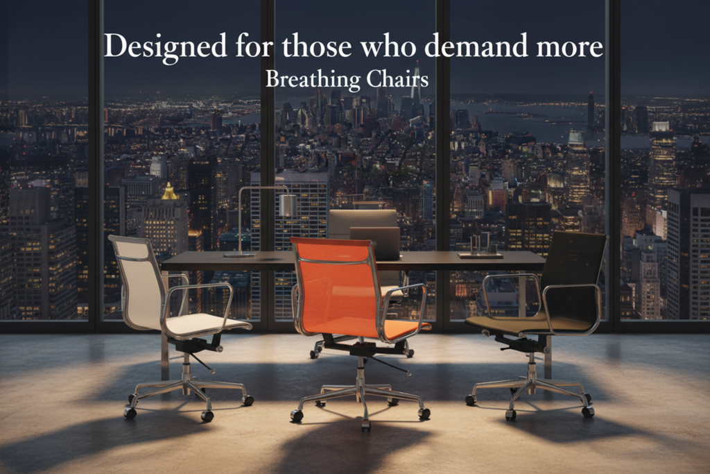 Three modern office chairs arranged around a table in a large room with floor-to-ceiling windows overlooking a city skyline at night. White text at the top reads, 'Designed for those who demand more Breathing Chairs.