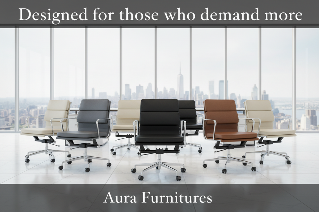 A promotional image for Aura Furnitures showing a lineup of modern office chairs in black, beige, and brown leather, set against a bright office background with a city skyline visible through large windows. Text banners at the top and bottom read 'Designed for those who demand more' and 'Aura Furnitures'.