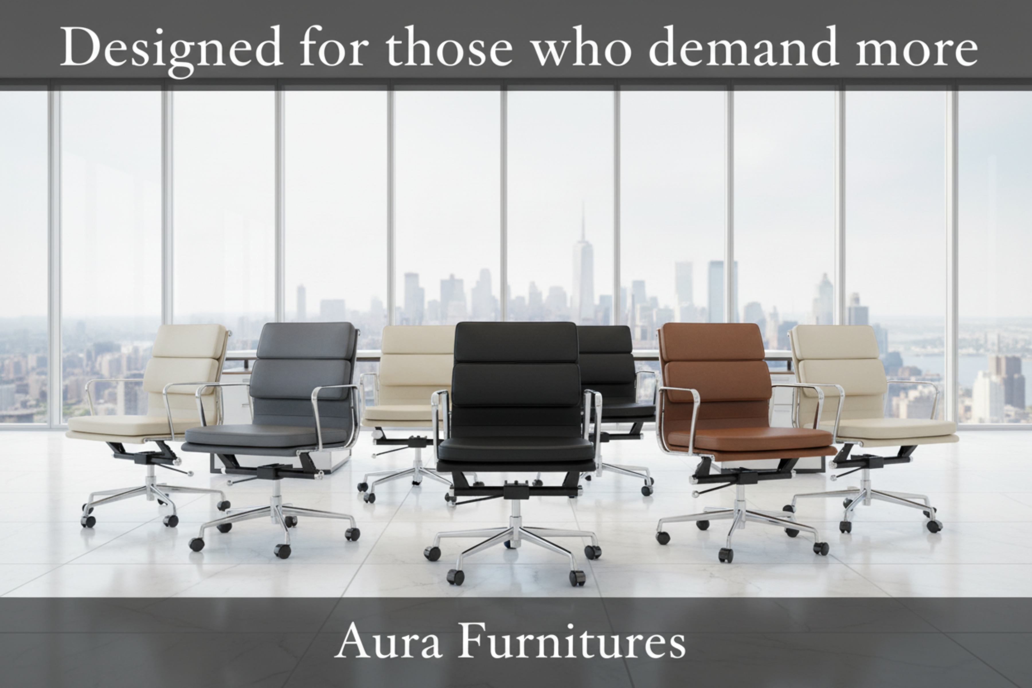 A promotional image for Aura Furnitures showing a lineup of modern office chairs in black, beige, and brown leather, set against a bright office background with a city skyline visible through large windows. Text banners at the top and bottom read 'Designed for those who demand more' and 'Aura Furnitures'.