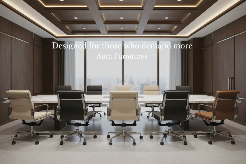 A modern conference room with a long rectangular table and multiple office chairs, including black, cream, and brown swivel chairs. Large windows look out to a city skyline.