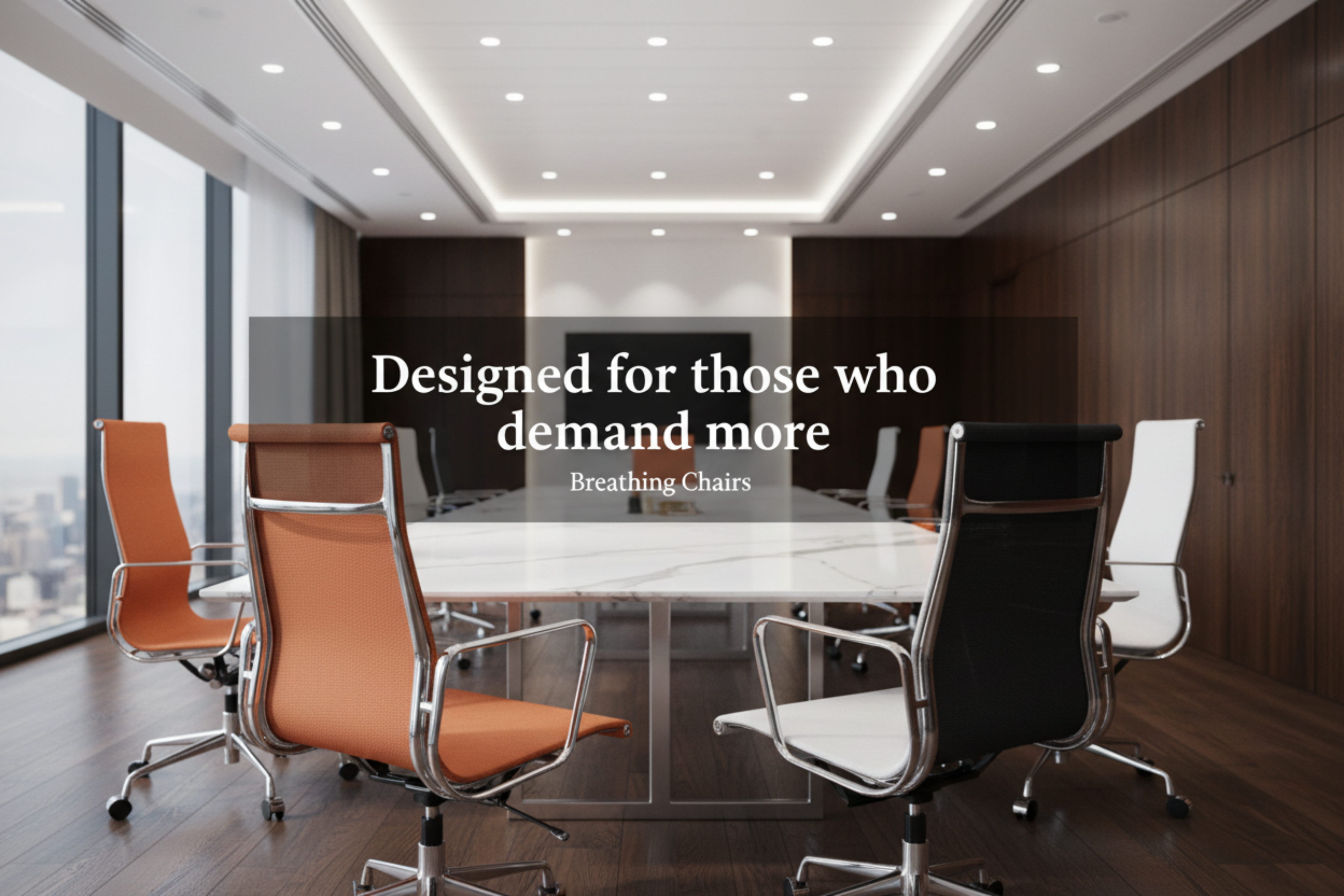 A modern conference room with a long white table and several office chairs in orange, black, and white, with a large text overlay reading 'Designed for those who demand more' and 'Breathing Chairs'.