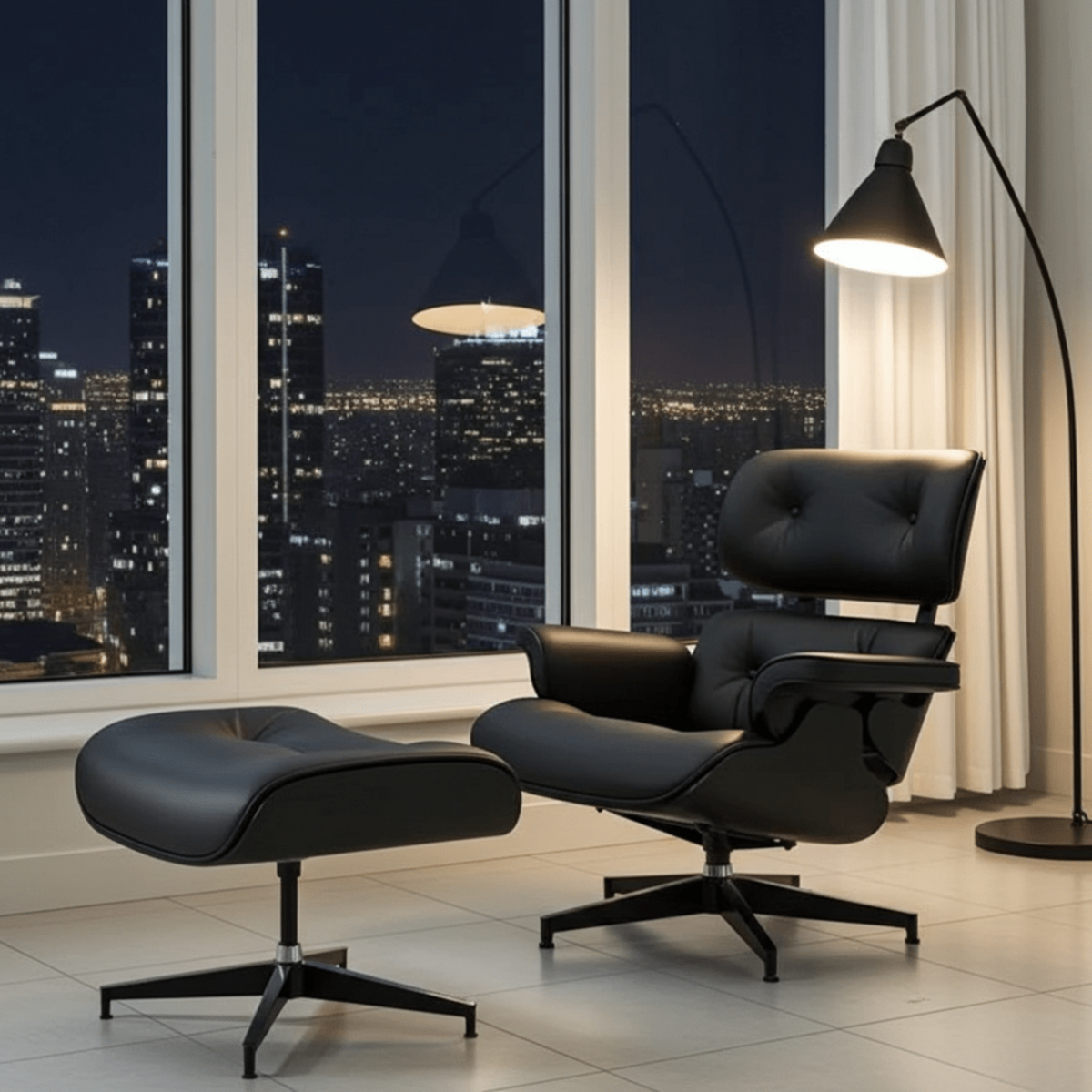 Black Eames-style lounge chair and ottoman in a room with cityscape view