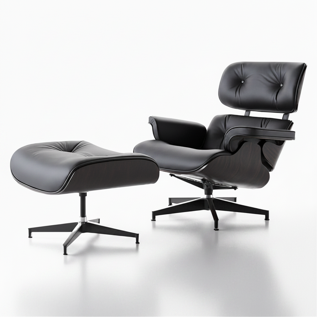 Black leather lounge chair and ottoman on a white background