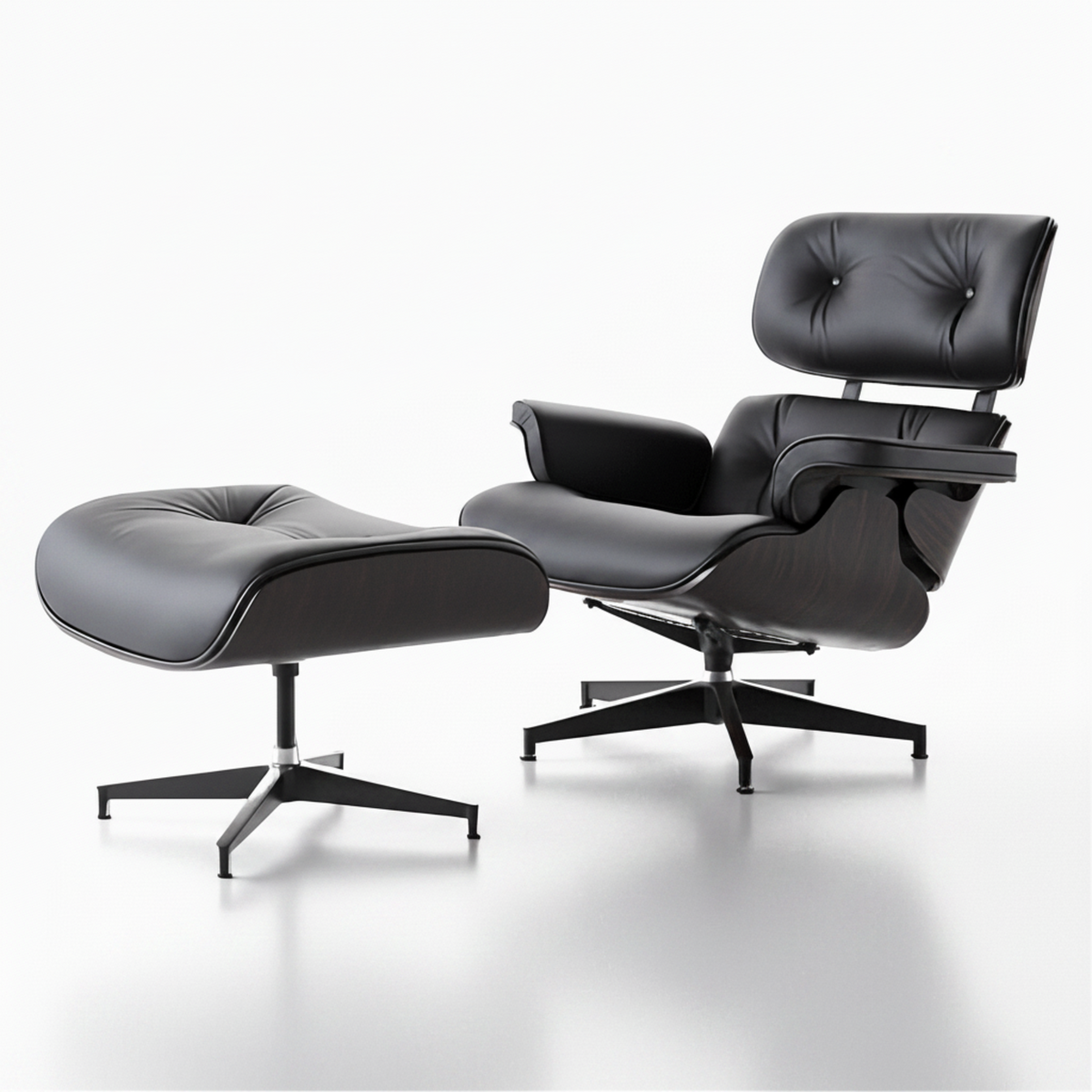 Black leather lounge chair and ottoman on a white background