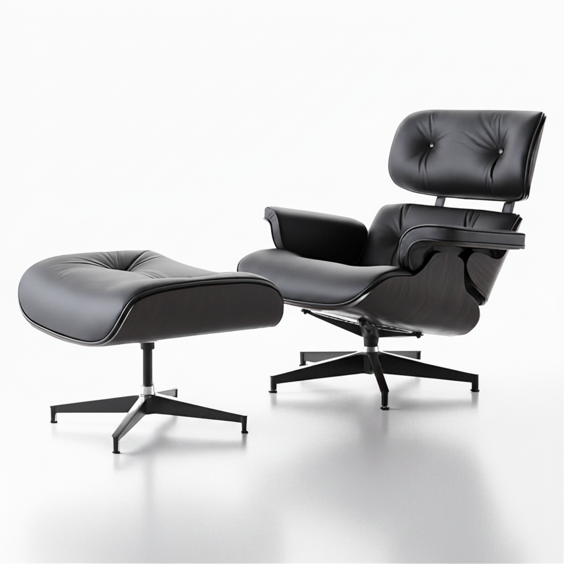 Black leather lounge chair and ottoman on a white background