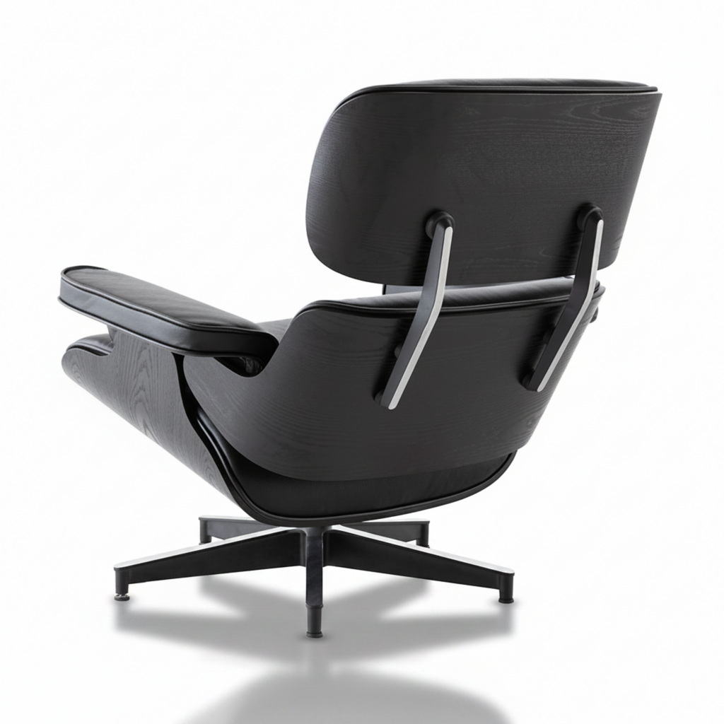 A modern black leather and wood lounge chair with a five-star base