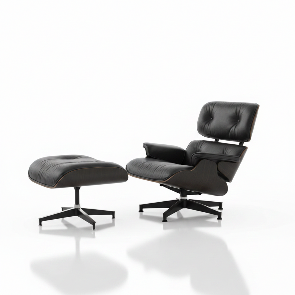Black leather lounge chair and ottoman on a white background